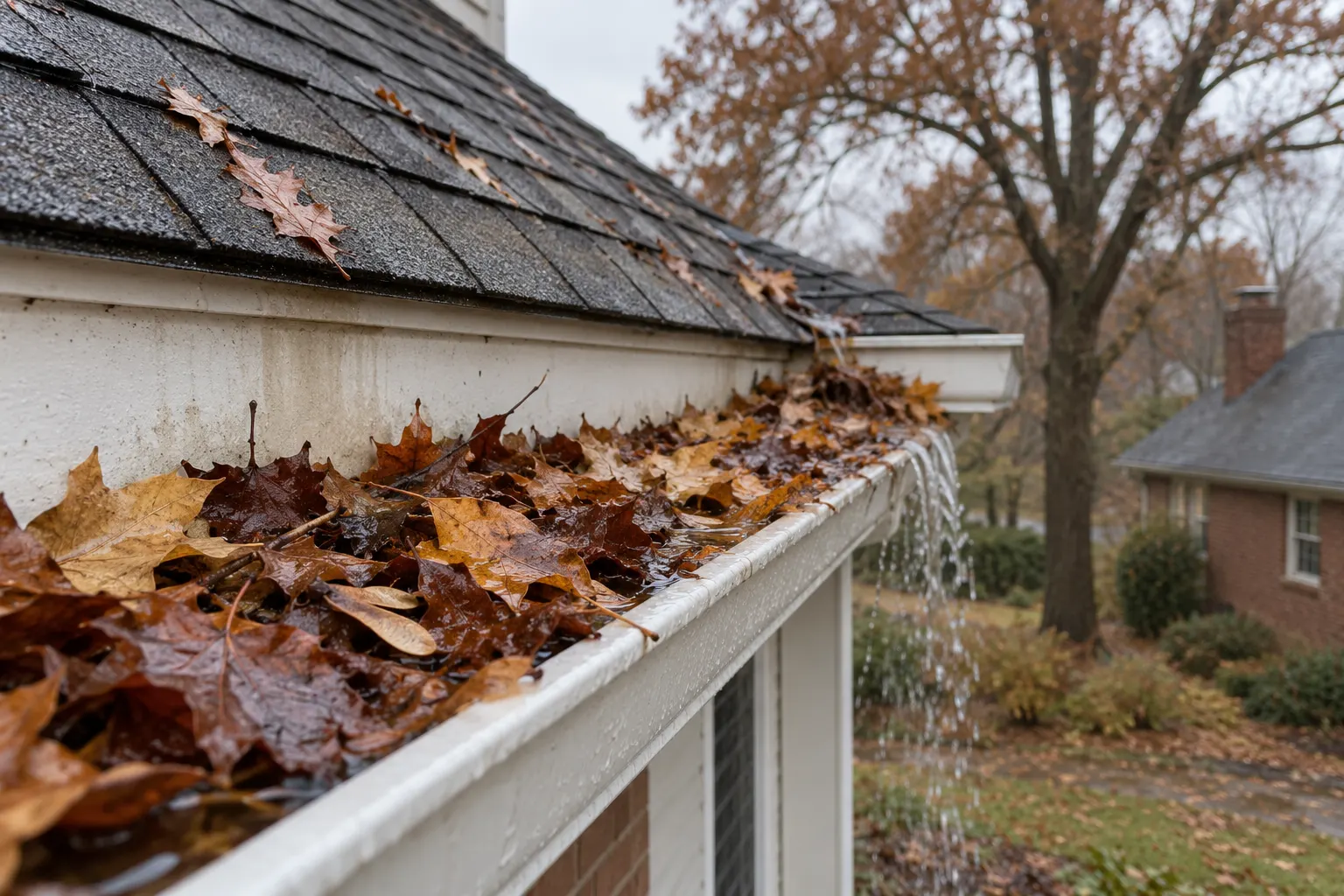 Gutter overflowing with fall leaves on a Cincinnati home, before gutter guards