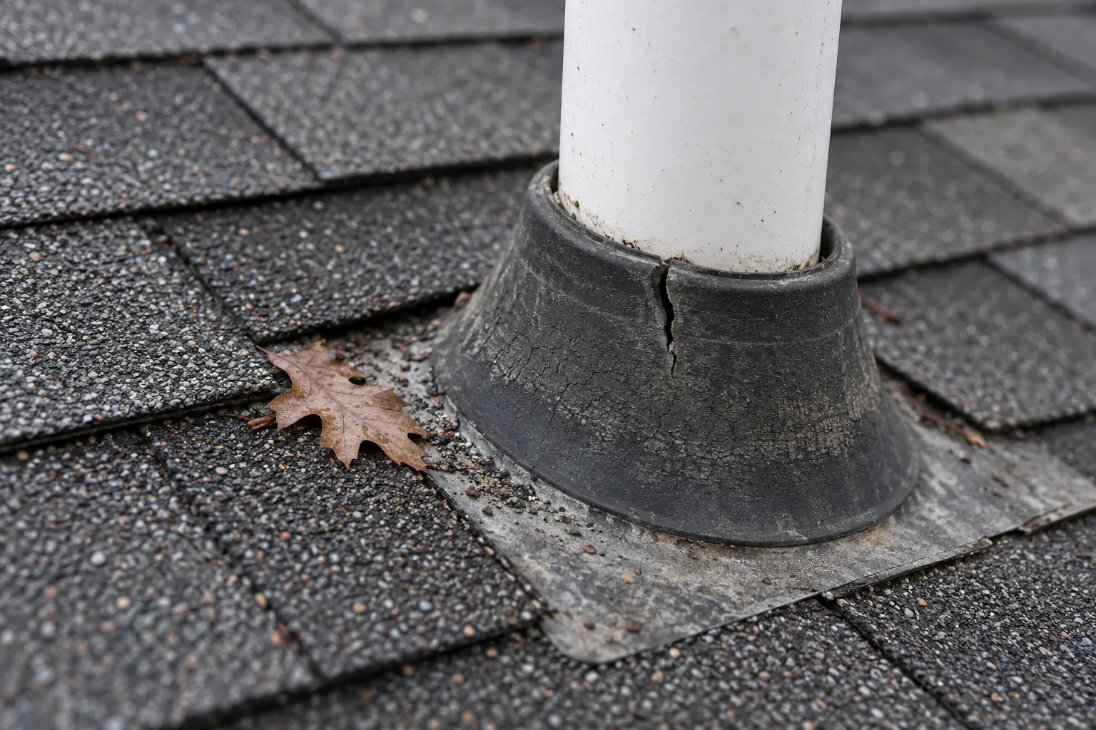 Cracked pipe boot around a plumbing vent found during a roof inspection