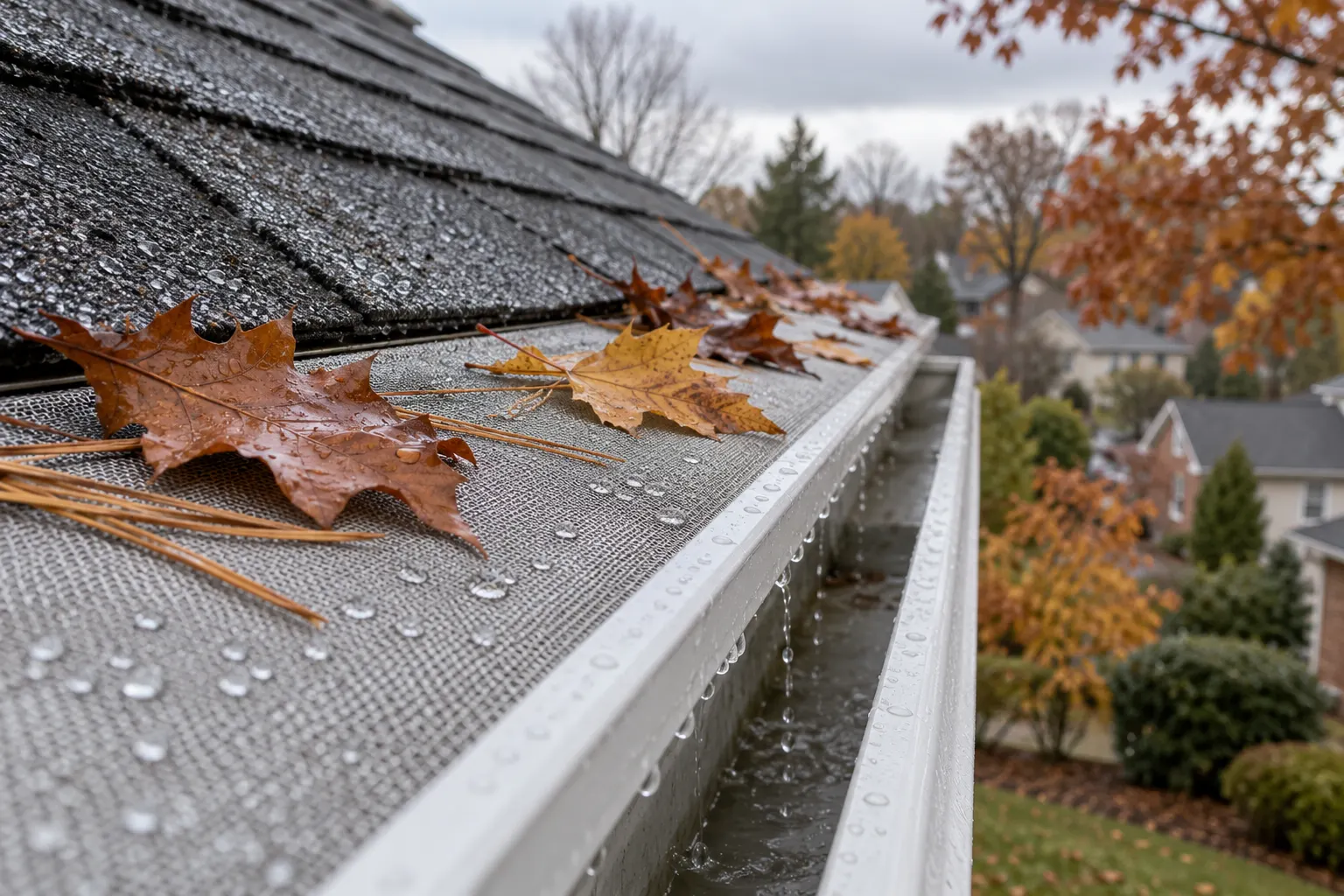 Micro-mesh gutter guard keeping leaves out of a gutter during Cincinnati leaf season