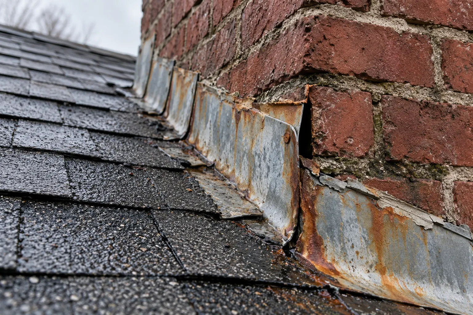 Rusted chimney flashing causing a roof leak on an older Northern Kentucky home